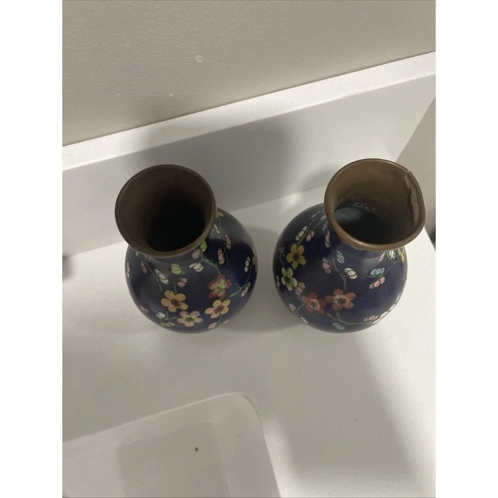 Pair 2‎ Chinese Cloisonne Cobalt Blue Cherry Blossom Floral Enameled Vases 5.5